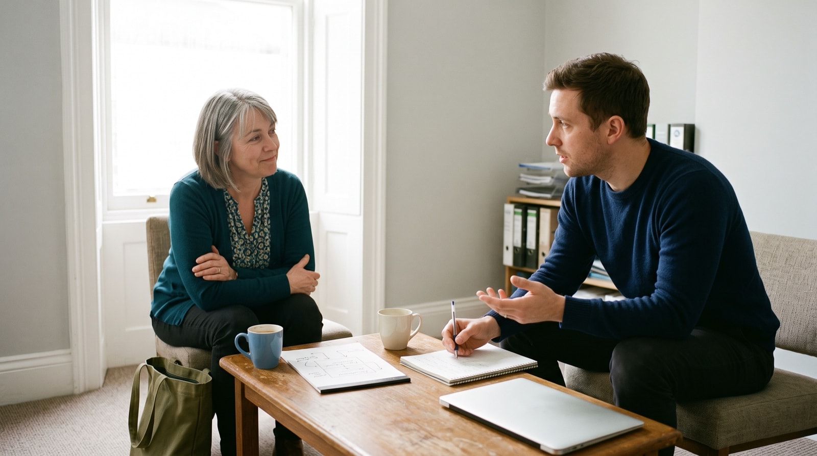 A developer turns his tablet toward the courier company's owner to show a requested feature crossed off a short list, while she sits back with her arms folded weighing the question.