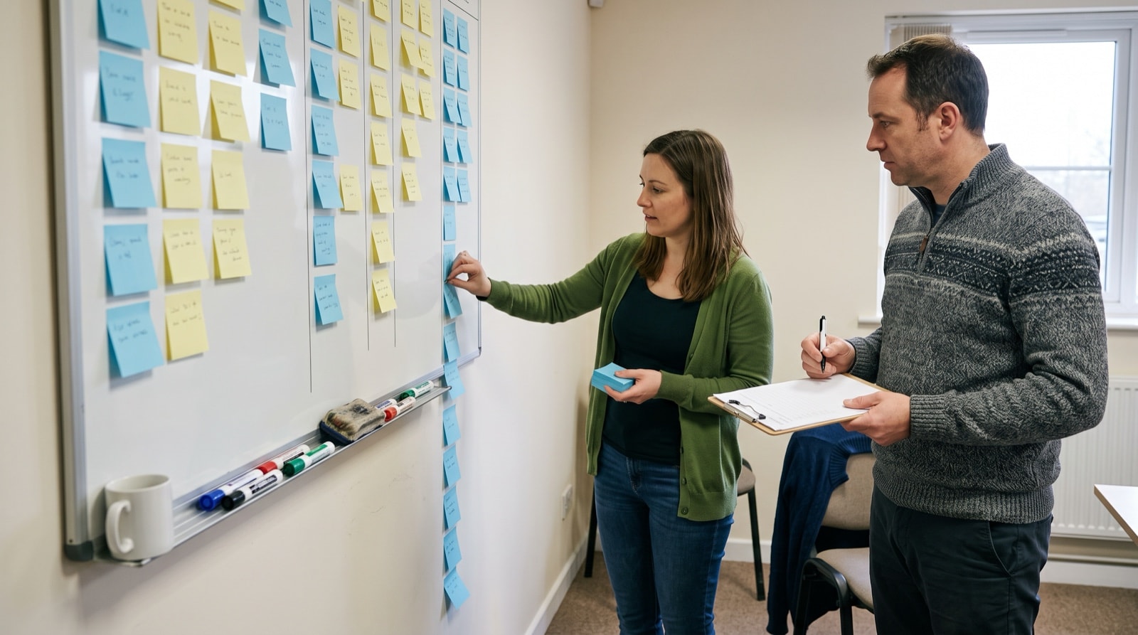 An operations manager adds another sticky note to a column that has already run off the bottom of the whiteboard, while a developer beside her logs the same change on a wall screen from a laptop on her knees.