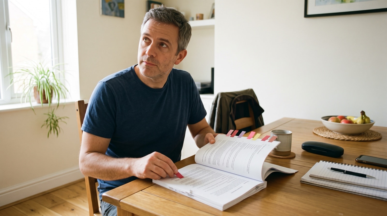 The courier company's owner sits at her dining table on a Saturday morning reading a weekly status update on her laptop, a long run of activity rows with the risks and decisions boxes at the foot left empty.