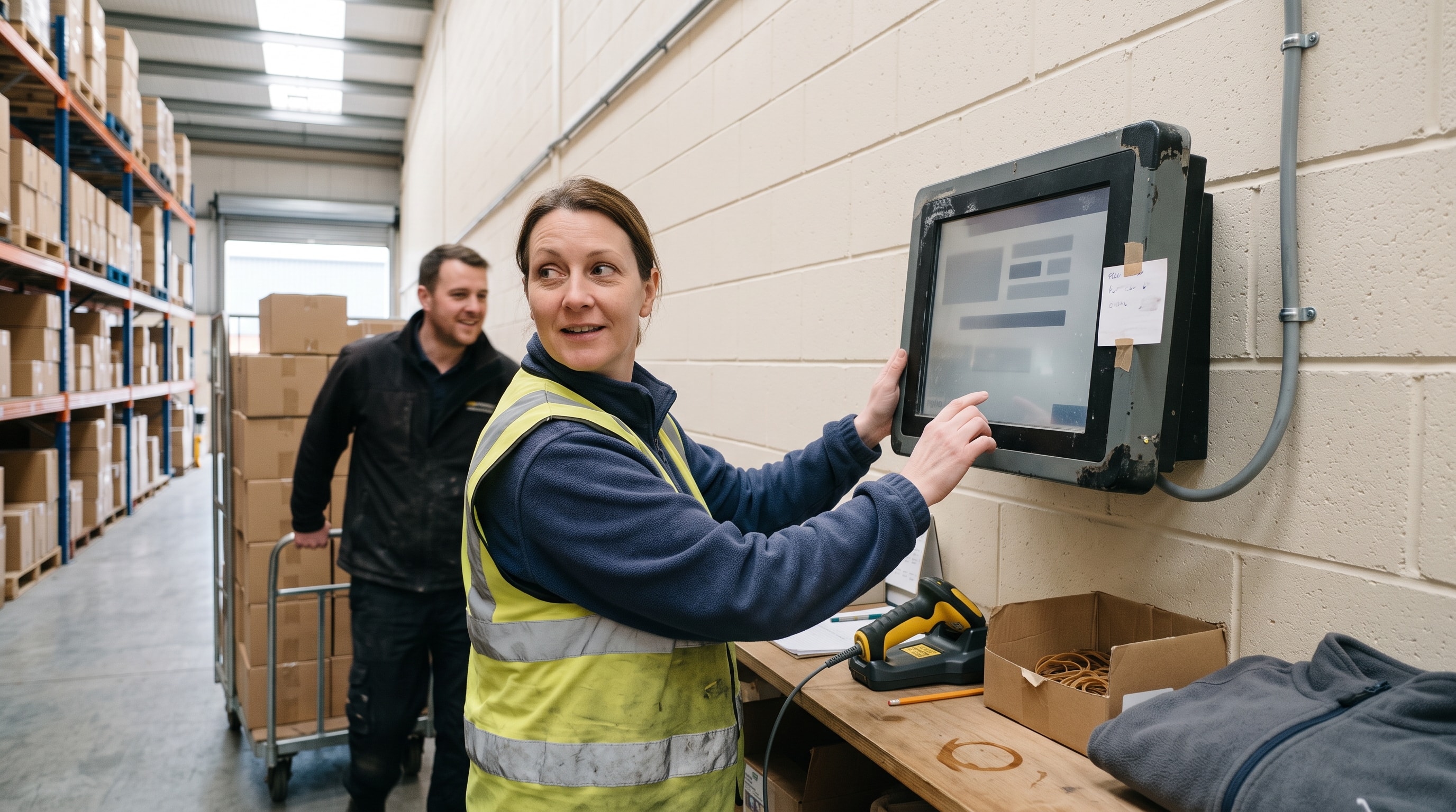 An engineer at two monitors changes an older system that is still running while a colleague follows it from a chair beside her.
