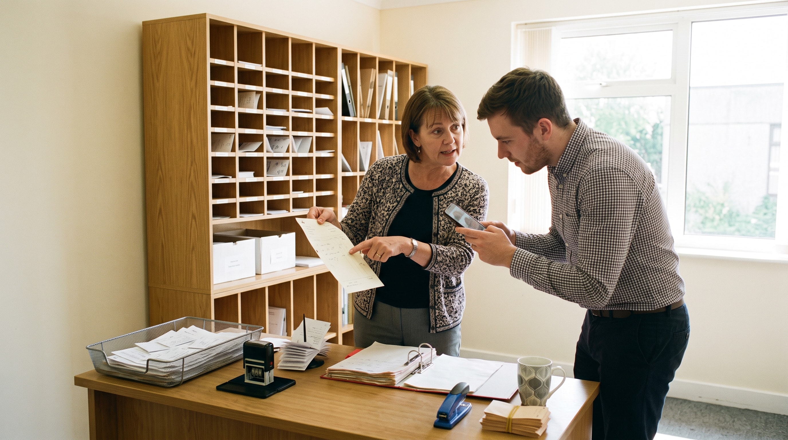 A founder stands at an engineer's desk describing an exception in her business while he turns from his keyboard to listen.