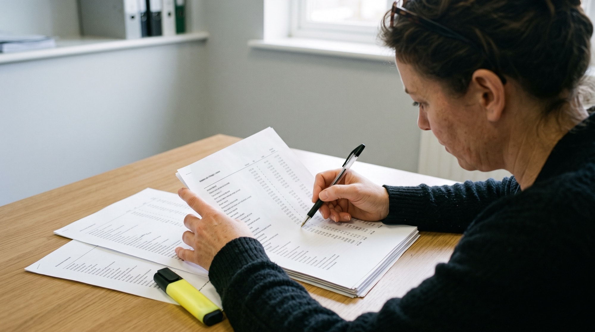 A partner at her desk reads a twelve-month bar chart of enquiries on her monitor, last year's printed sheet beside the keyboard.