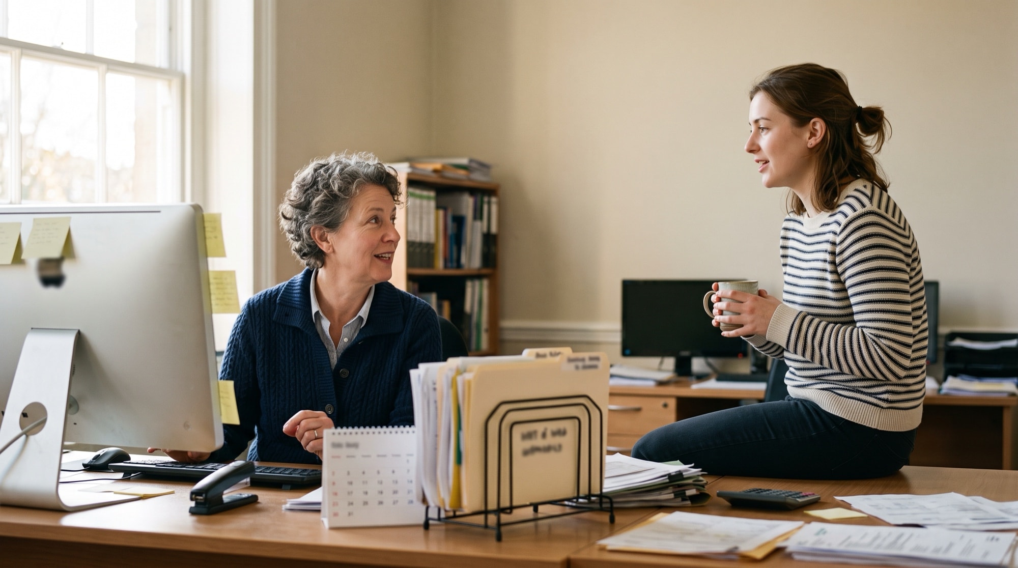 Two colleagues at a shared desk in an accounting practice, the firm's public page, its client-facing screen and its internal work list open side by side.