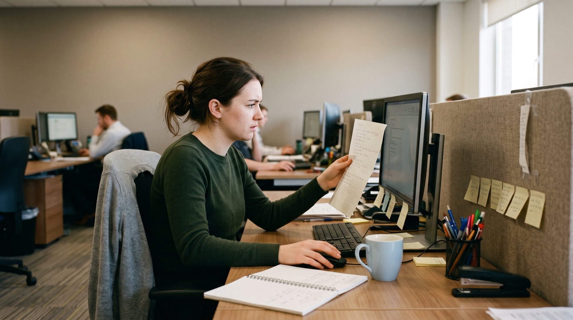 A woman new in her job holds flat a curling handwritten crib sheet left taped to her partition, looking between it and her monitor.