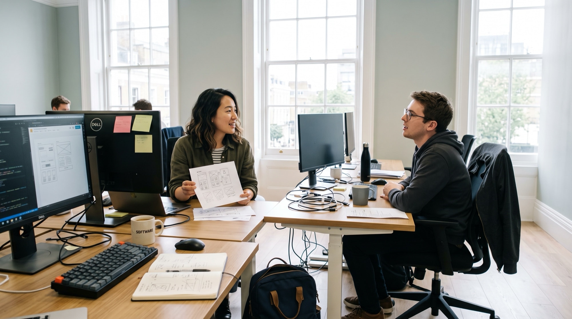 Two colleagues at adjoining desks in a small software office, one turning from her monitor with a printed sheet of screen layouts to ask the other a question.