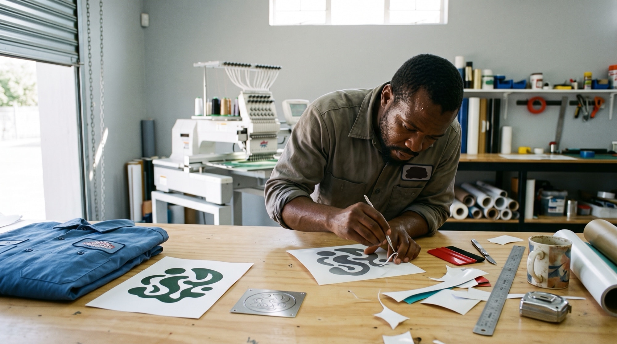 A sign shop worker lifts a thin strand of waste vinyl away from a freshly cut graphic, with an embroidered patch, a printed sheet and a stamped metal plate laid out beside it.