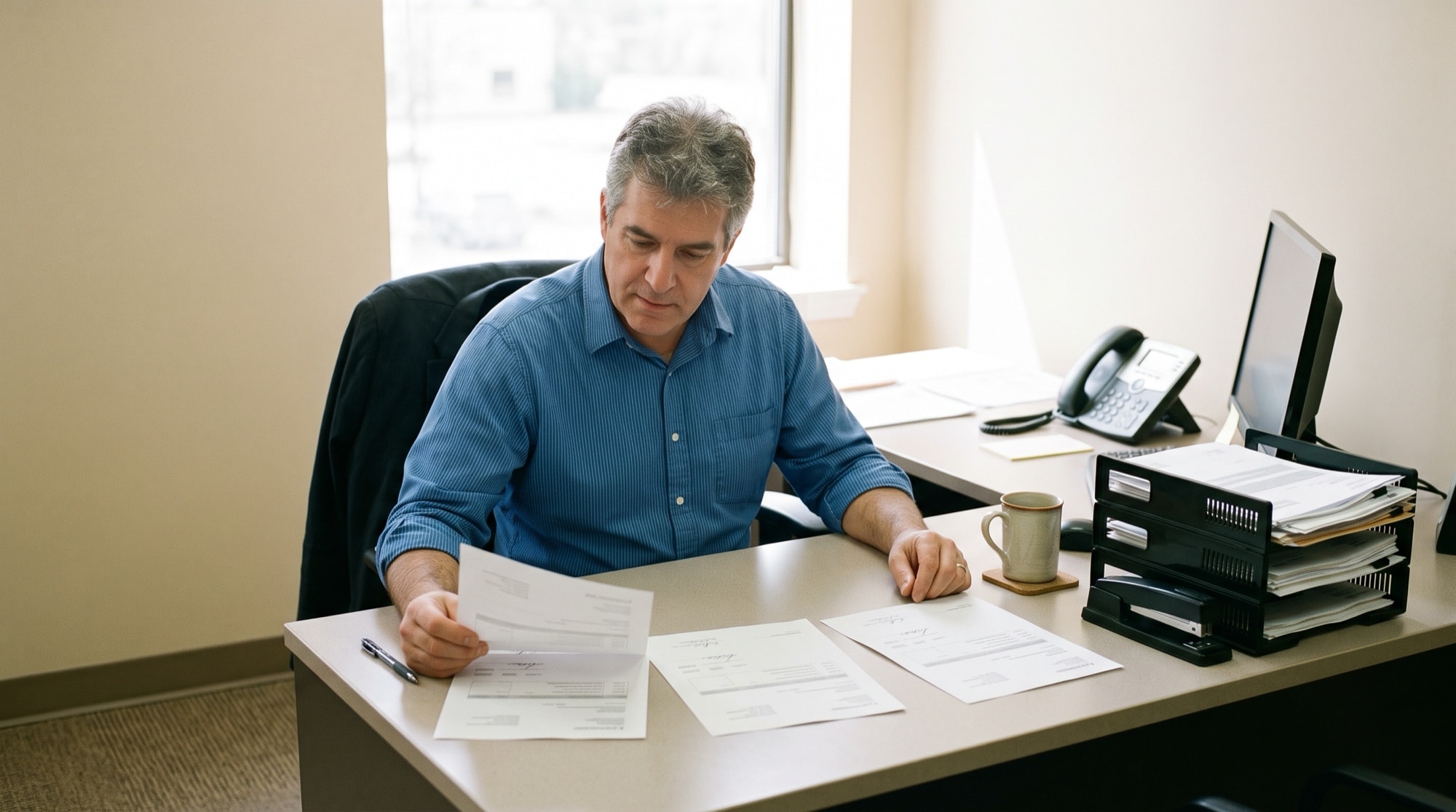A man at a desk reads a printed contractor quote with two other contractors' quotes squared up beside it, comparing all three.