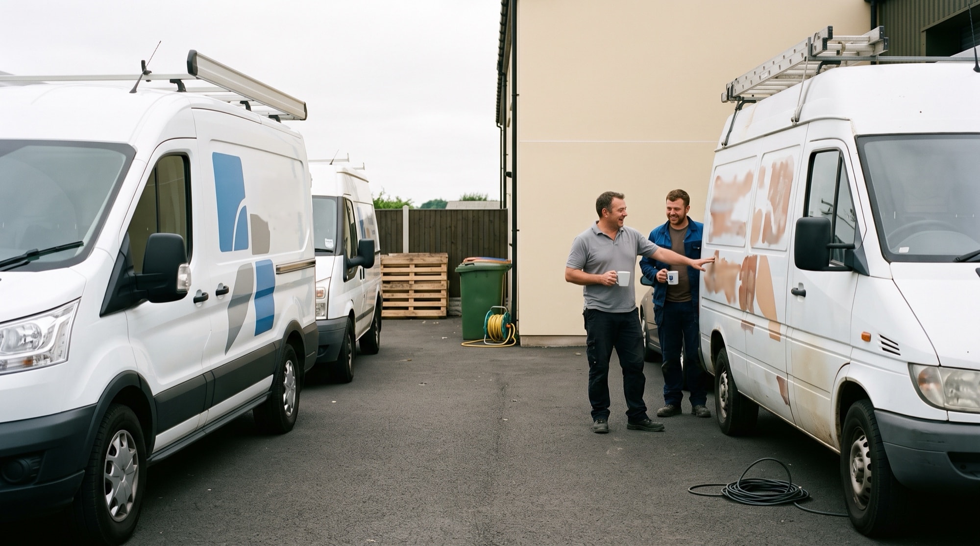 Two service vans from the same business parked nose to tail in a yard with visibly different graphics, the owner and a technician standing between them talking.