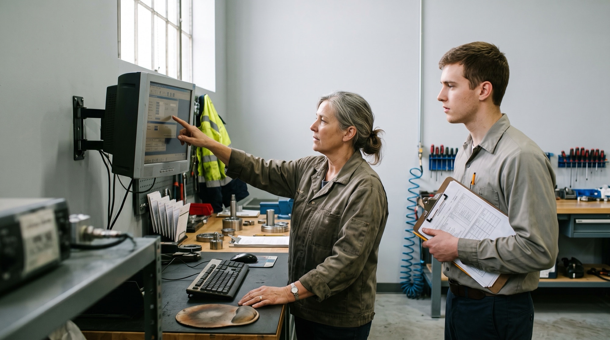 A long-serving designer drives a product screen without looking at the keyboard while a colleague in his second week watches her hand, a laptop open on his knees.