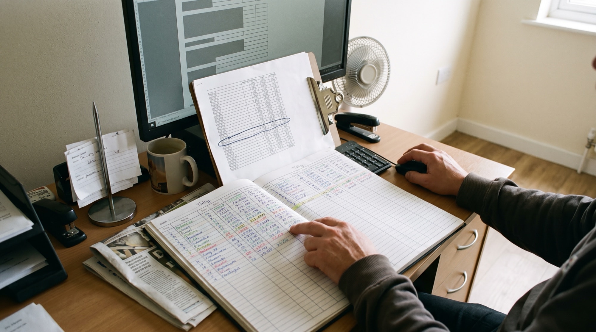 A designer holds a finger against a figure on one screen while the screen beside it shows the record that figure came from.