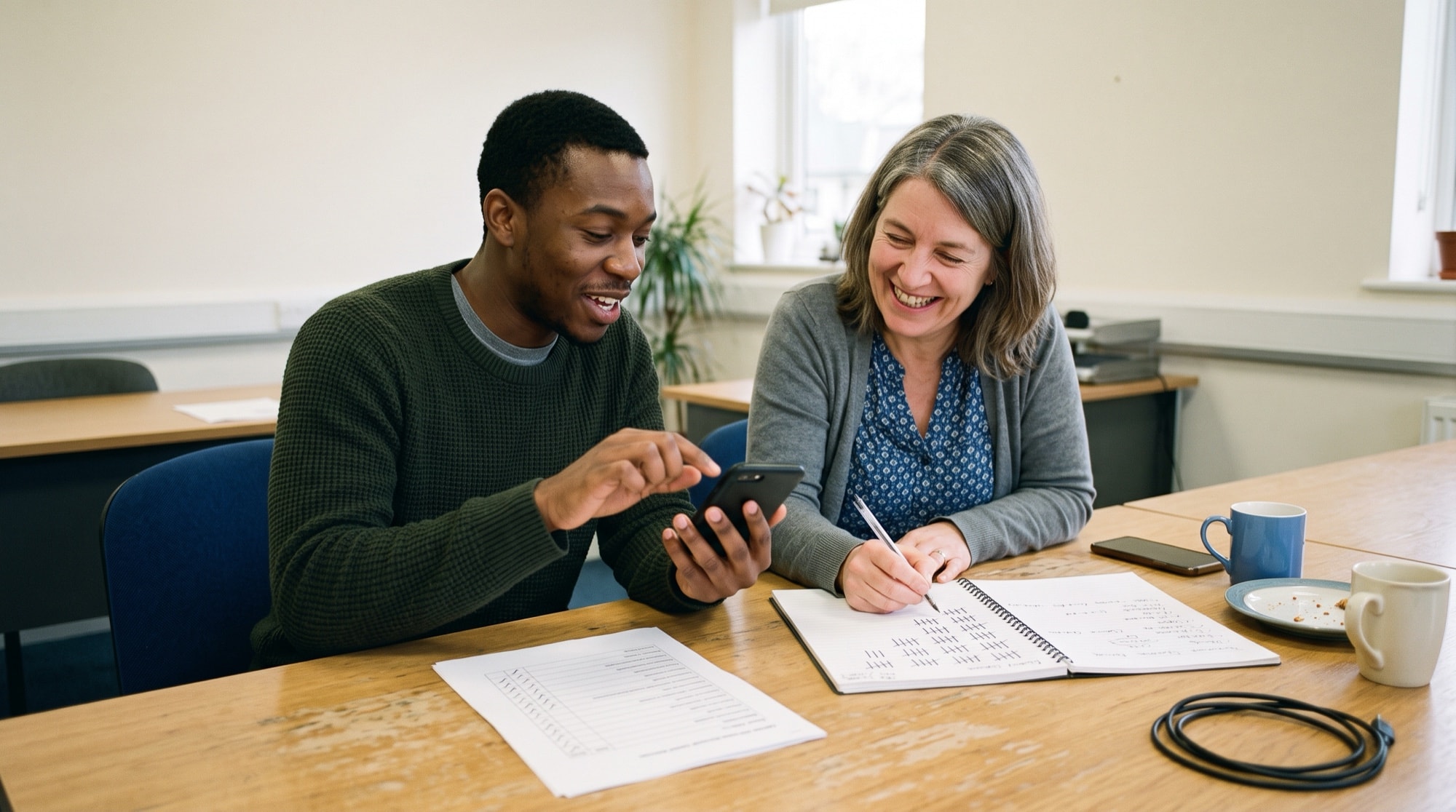 Two colleagues at the end of a meeting table, one working through a phone while the other adds another tally stroke to a growing row in a notepad.