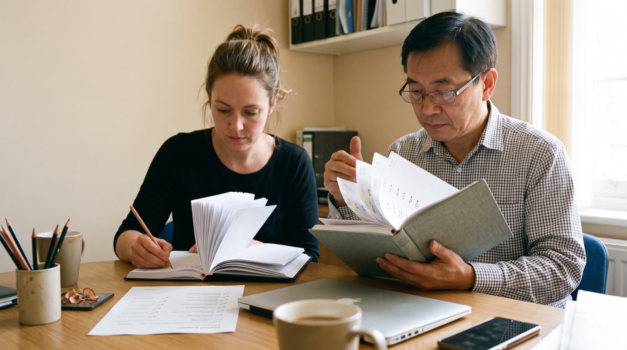 An in-house engineer at her keyboard and the developer who built the codebase sitting beside her, both looking at one marked row in a list of scheduled updates on screen.