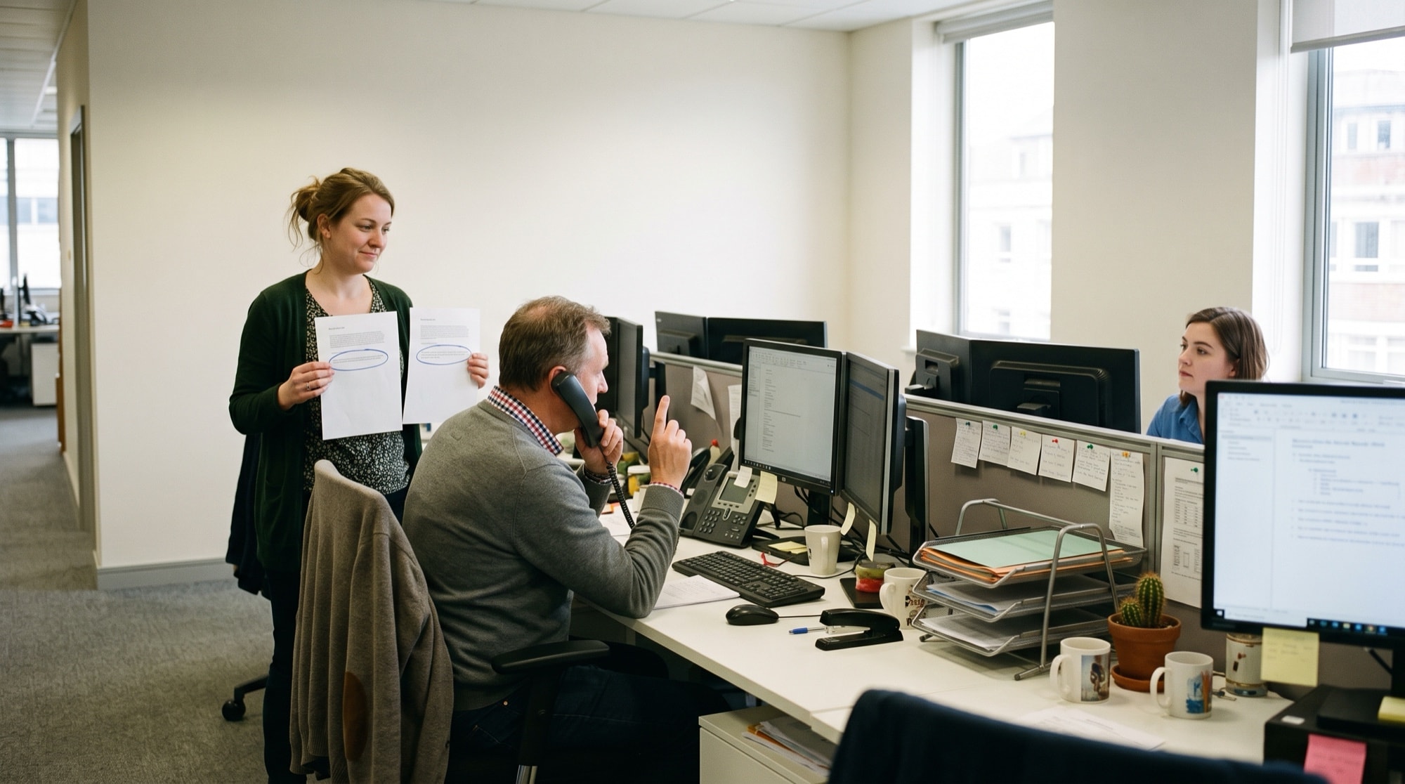 A woman waiting at a colleague's desk holding two identical printed pages with the same line ringed on each, while he finishes a phone call.