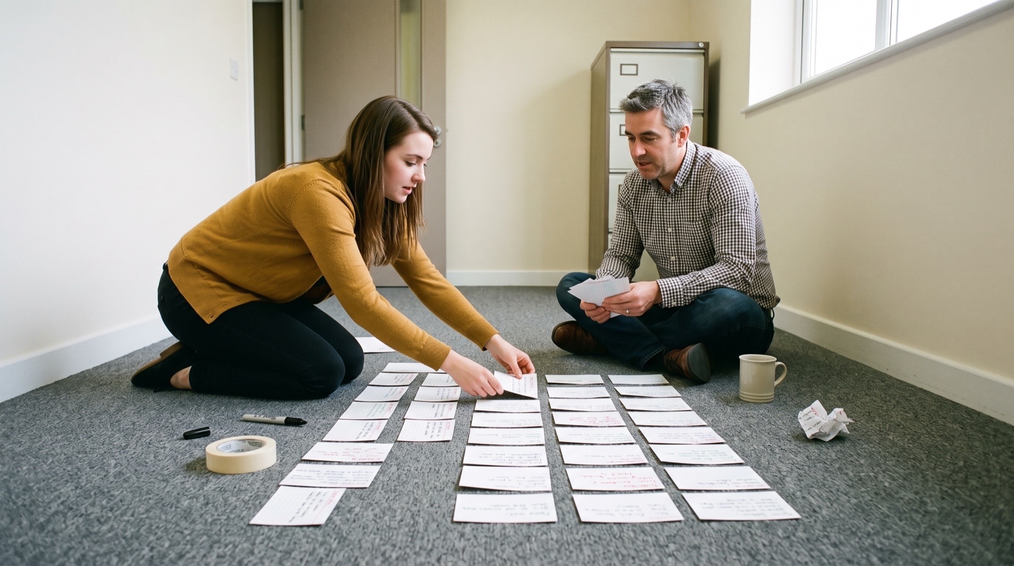 Two colleagues standing apart at a wall whiteboard where five sticky notes step down left to right above a drawn arrow, the third one ringed, with a colleague at a monitor in the foreground.