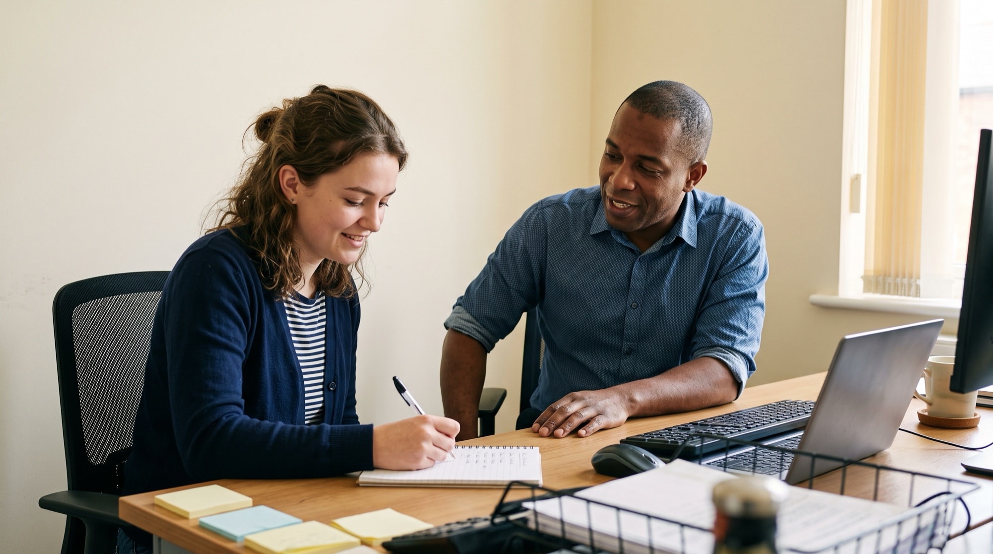 Two colleagues side by side at one desk, one writing a short numbered list in a spiral notepad while the other explains.