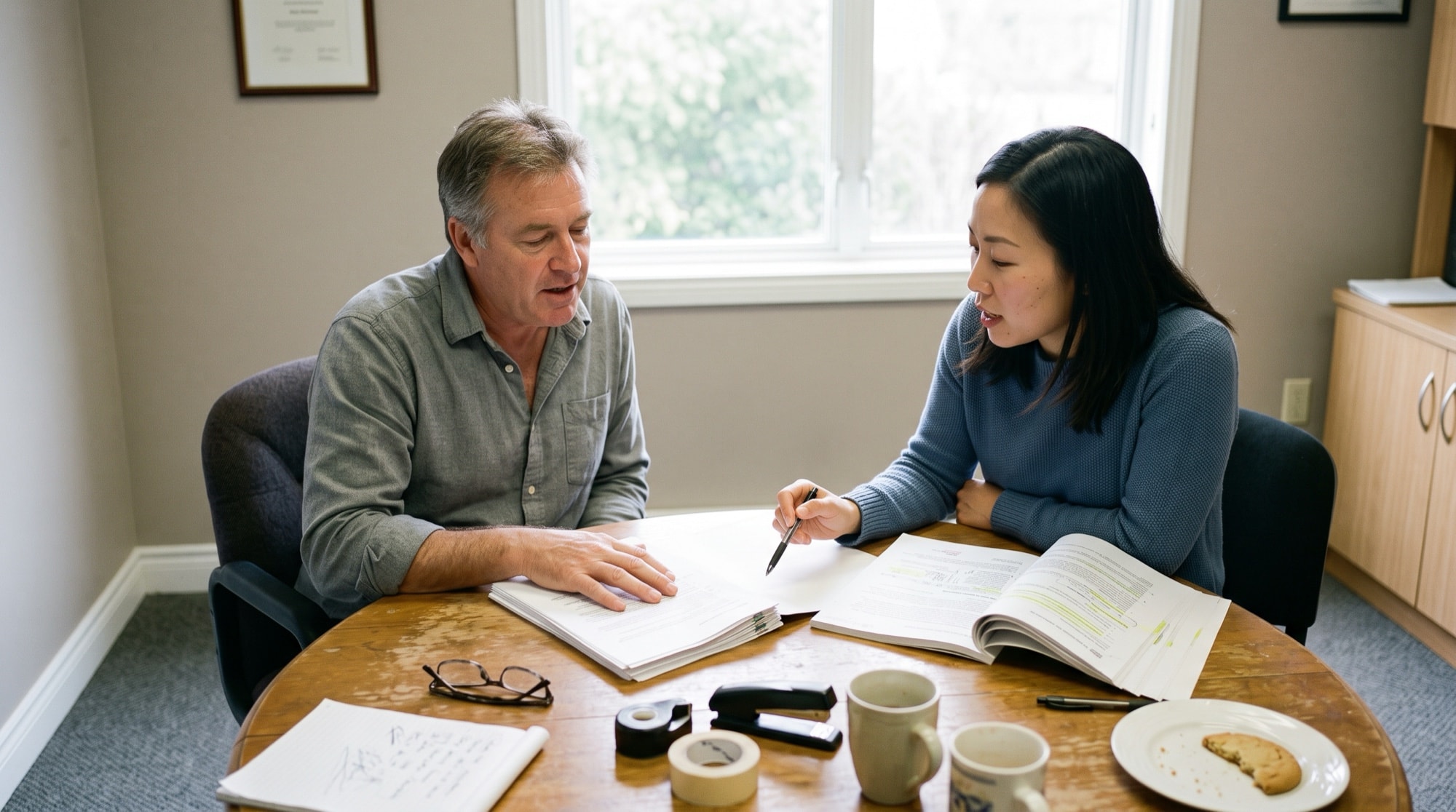 A business owner and his marketing lead at a small round table, comparing two quotes on a laptop and a propped tablet while she edits a page of their own site on a second laptop.