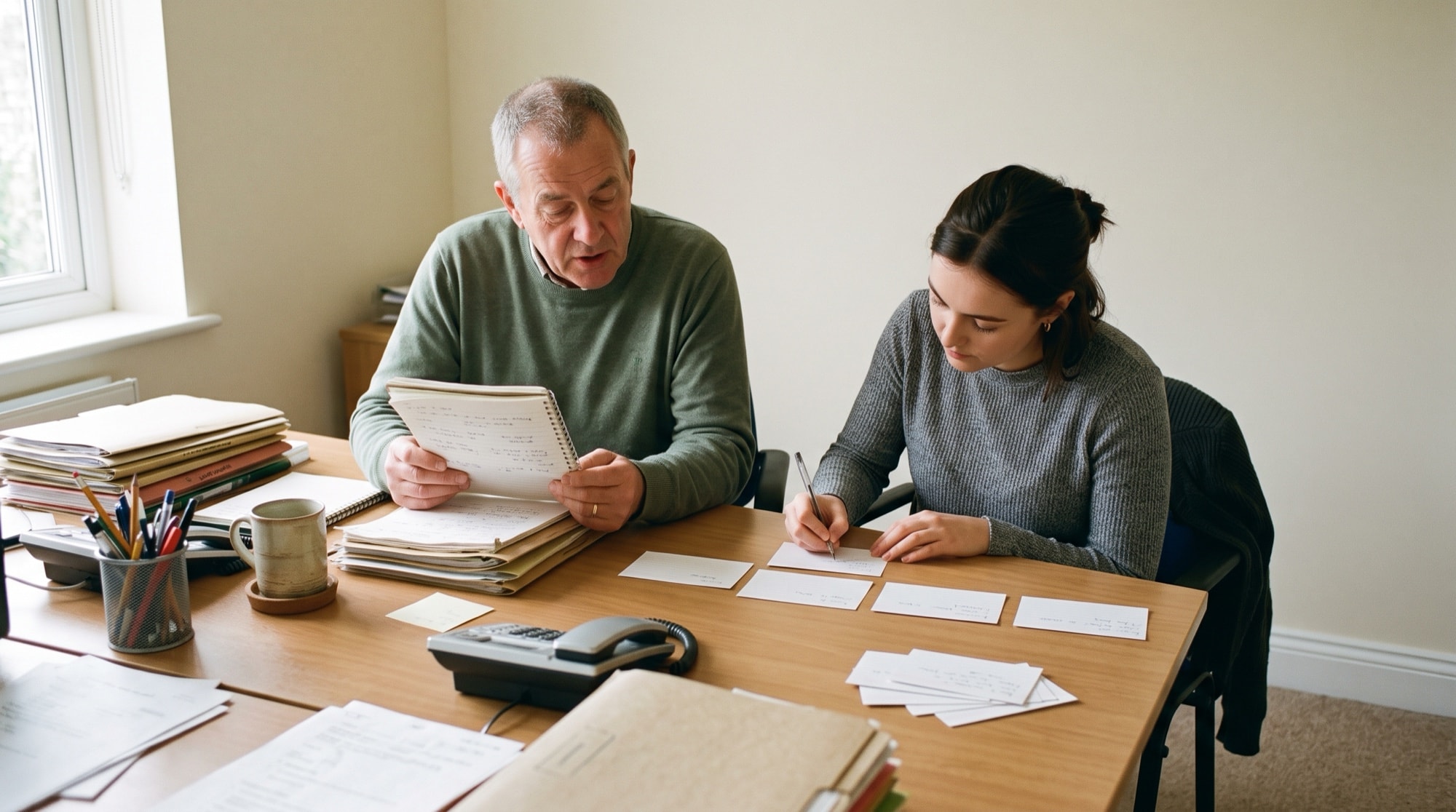 A young colleague and a partner at a desk in an accounting practice read back the single opening line of a draft page on her monitor.