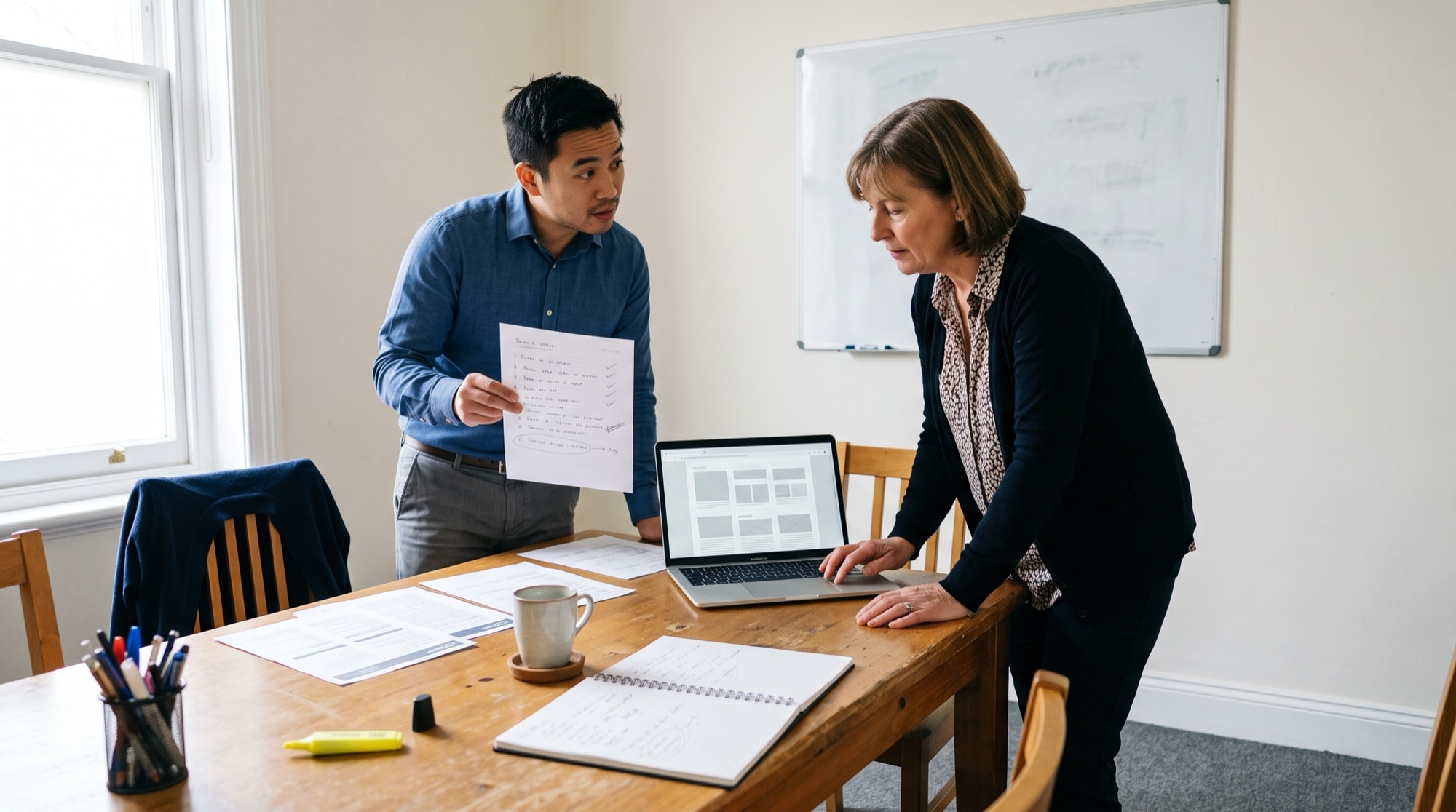 Two partners standing at a laptop in an accounting practice, stepping through a template product's near-identical stock layouts while one holds the firm's handwritten list of client situations up beside the screen.