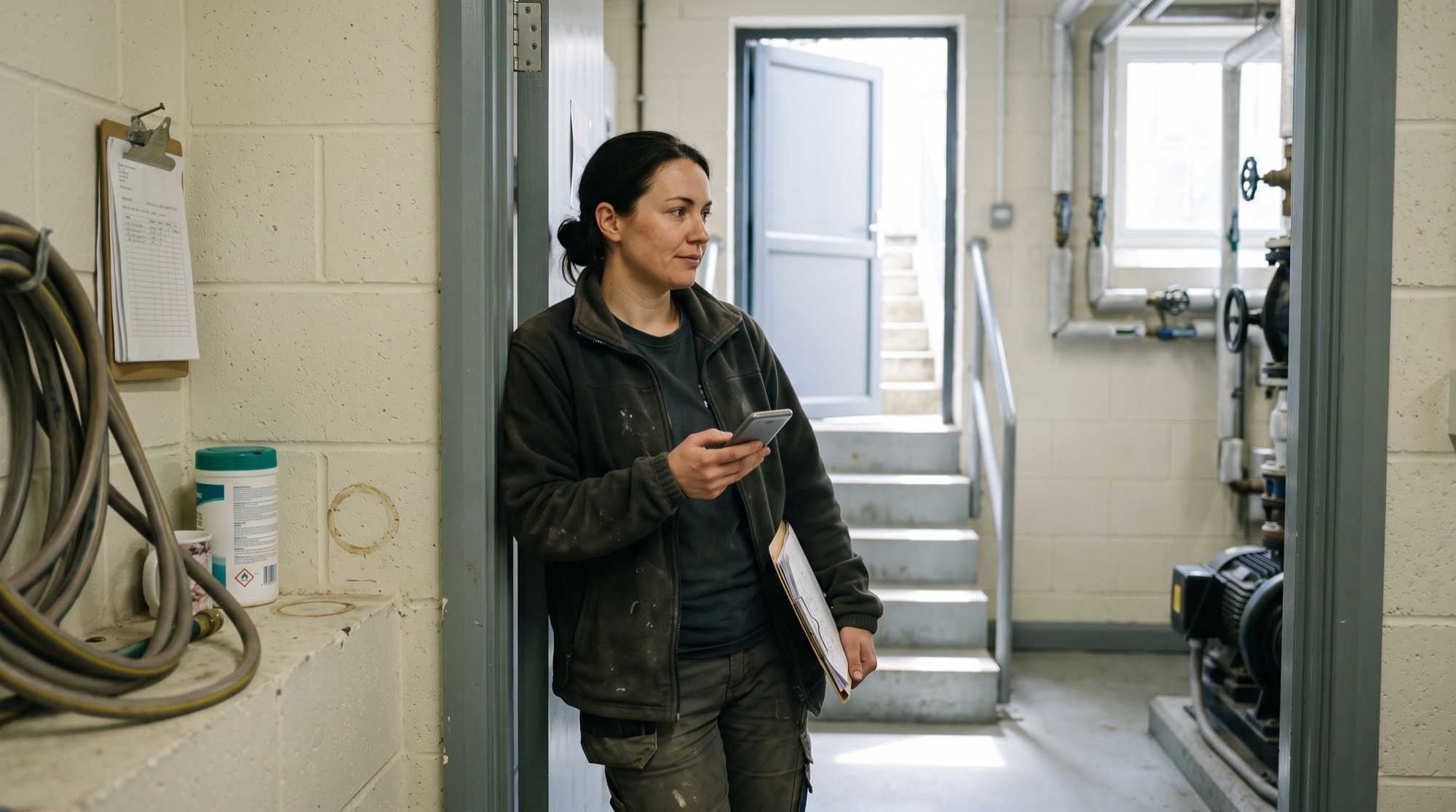 A technician waiting on a phone that has not finished loading in a client's basement plant room at midday, an open job folder braced against her hip and daylight falling down the propped stair door behind her.