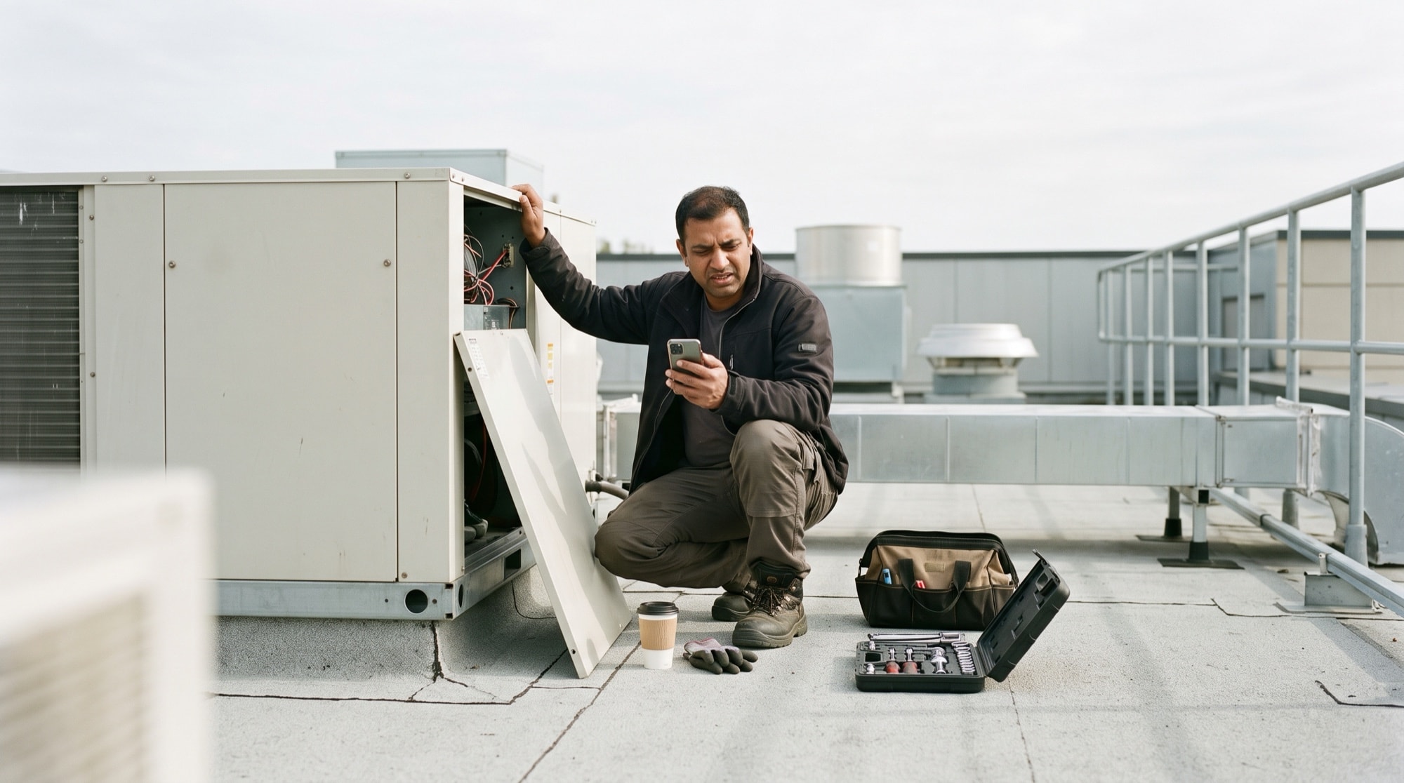 A building superintendent crouched beside an open rooftop air conditioning unit at midday, phone in one hand, the access panel leaning against the housing.