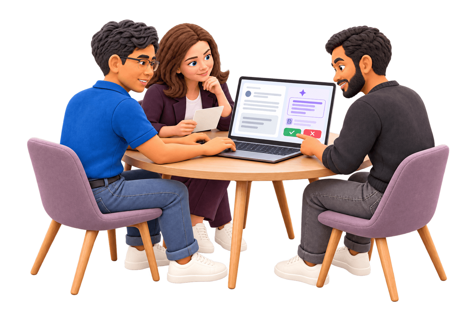Three Rigoris teammates as clay figures reviewing an internal AI copilot suggestion before approving it.