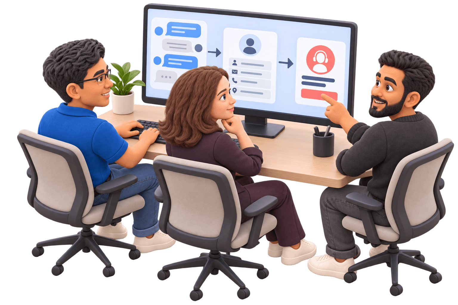 Three Rigoris teammates as clay figures reviewing a customer conversation, structured record and human handoff.