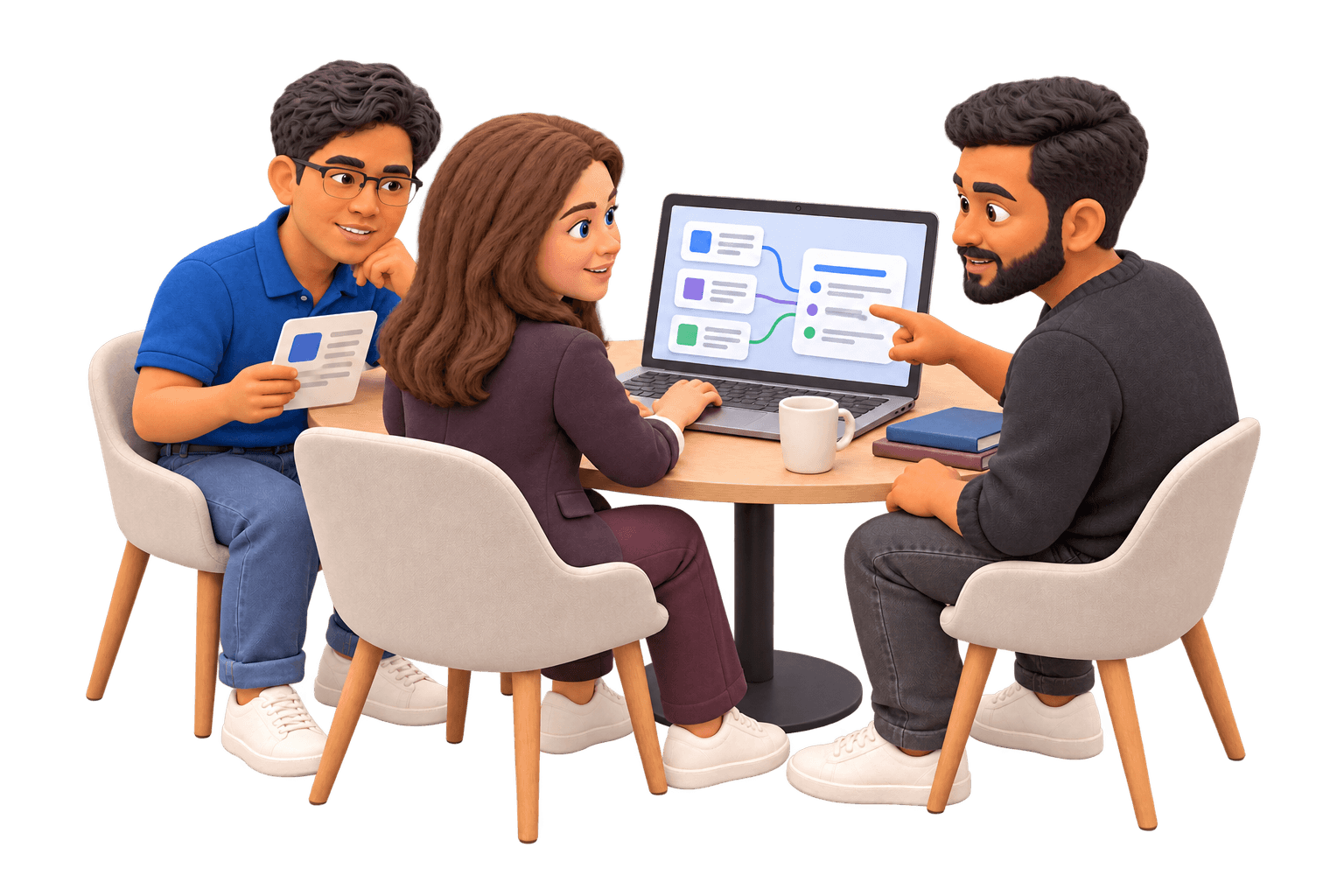 Three Rigoris teammates as clay figures checking source documents and citations for a knowledge-base agent.