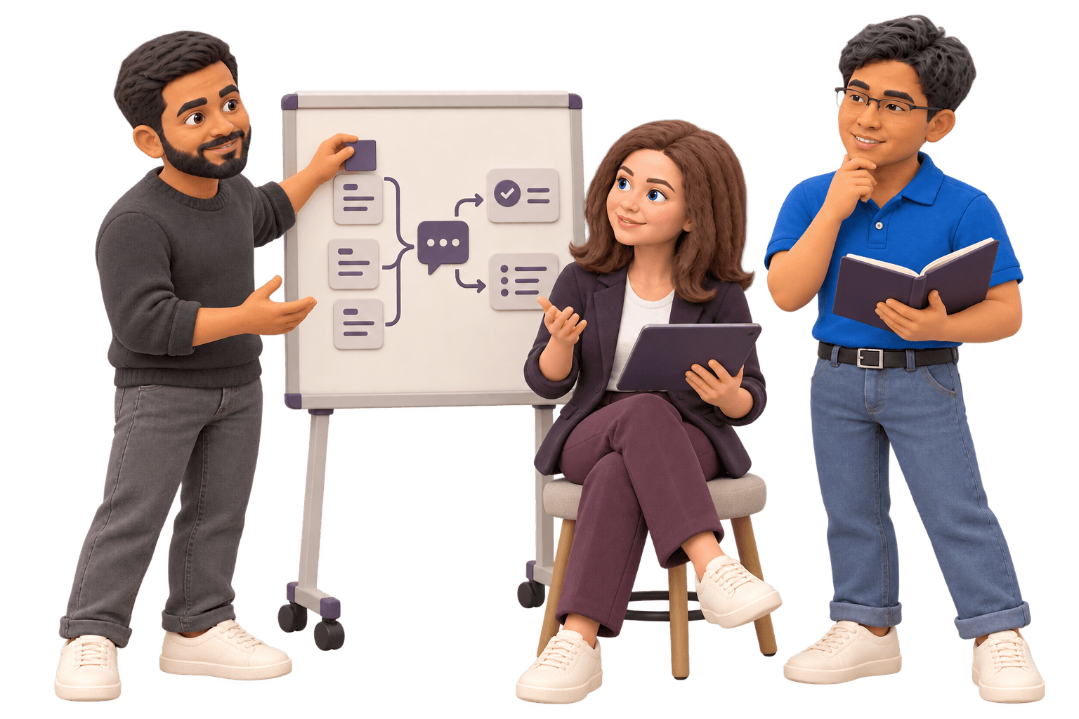 Three Rigoris teammates as clay figures mapping a grounded AI workflow together.