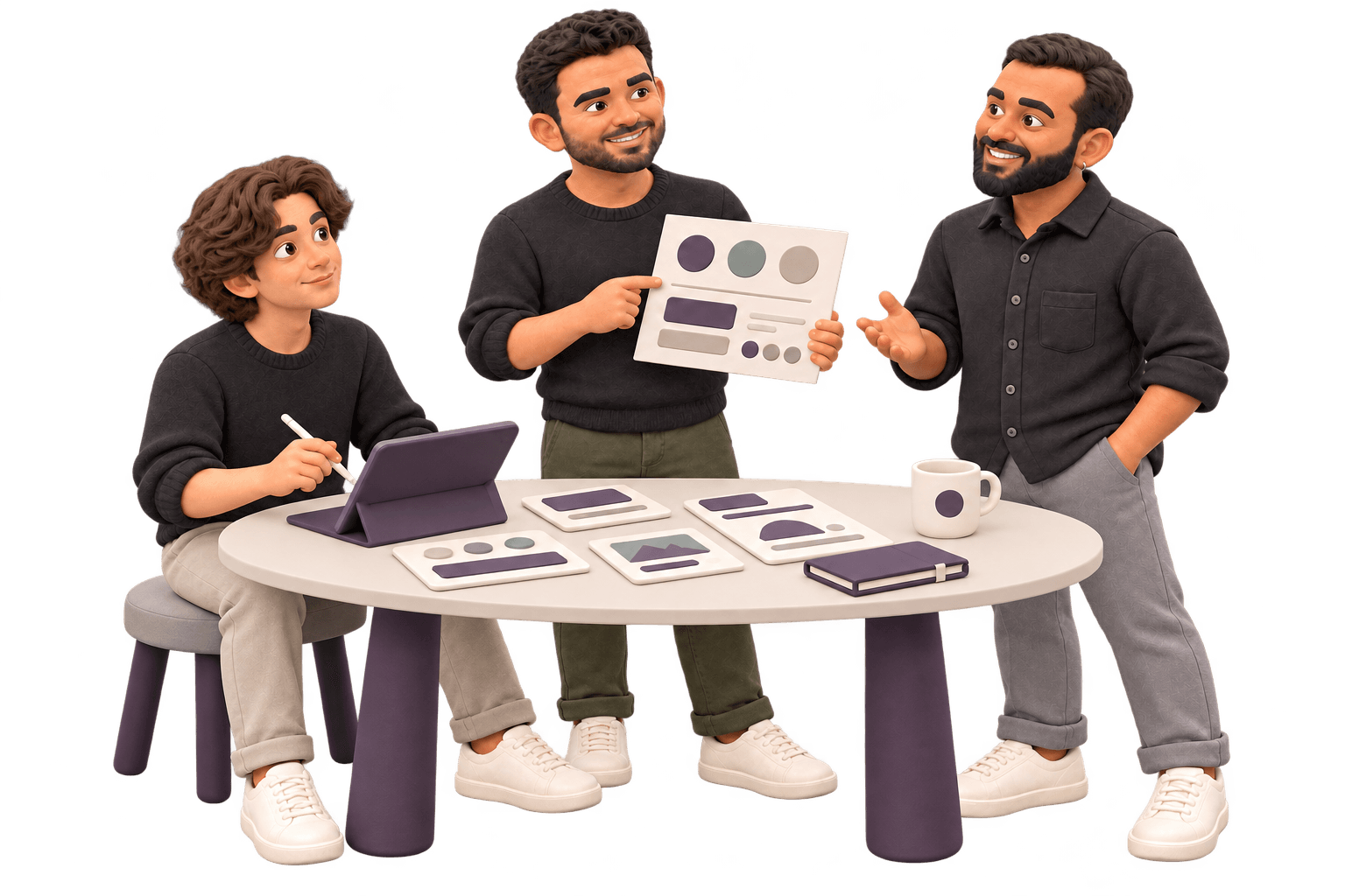 Three Rigoris teammates as clay figures reviewing colour swatches and screens for a design system.