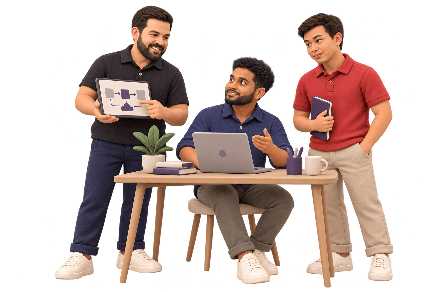 Three Rigoris teammates in clay at a laptop, reviewing a system integration diagram on a tablet