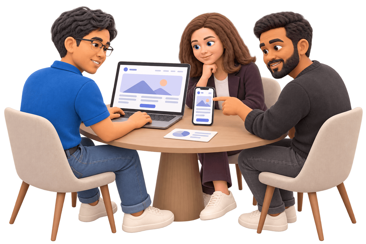Three Rigoris teammates as clay figures reviewing a website across a laptop and phone.