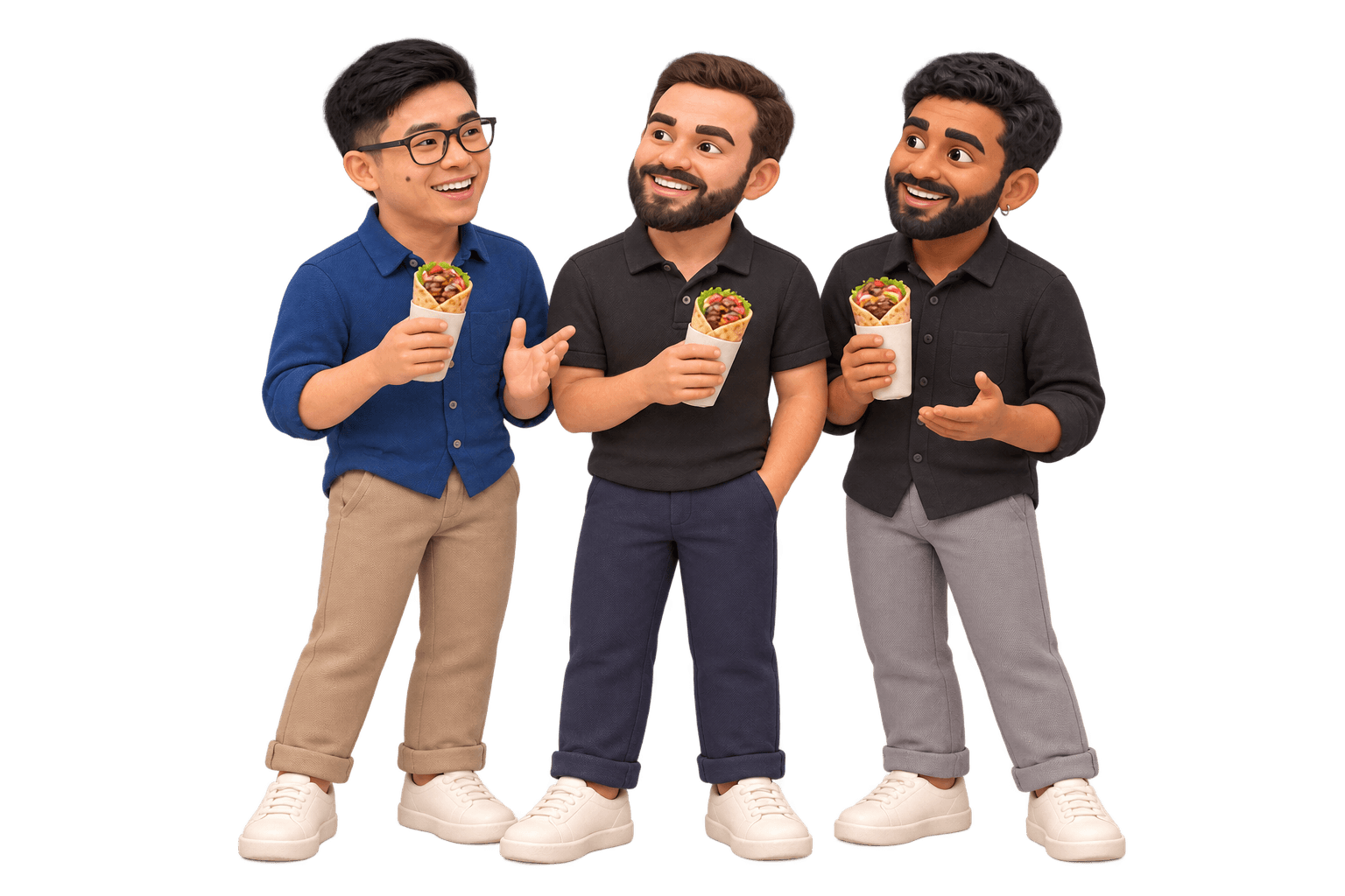 Three Rigoris teammates illustrated in clay, sharing a shawarma break