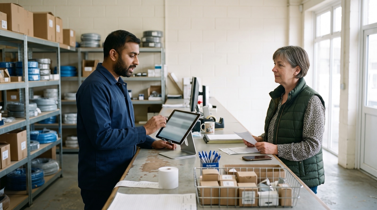 A counter assistant works an order on a tablet in a stand while the customer opposite him holds up her own phone, at a trade supply counter.