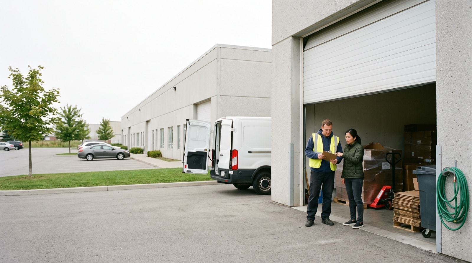A distributor's owner and her operations lead stand outside their unit in a suburban business park looking at their own operations app on a tablet.