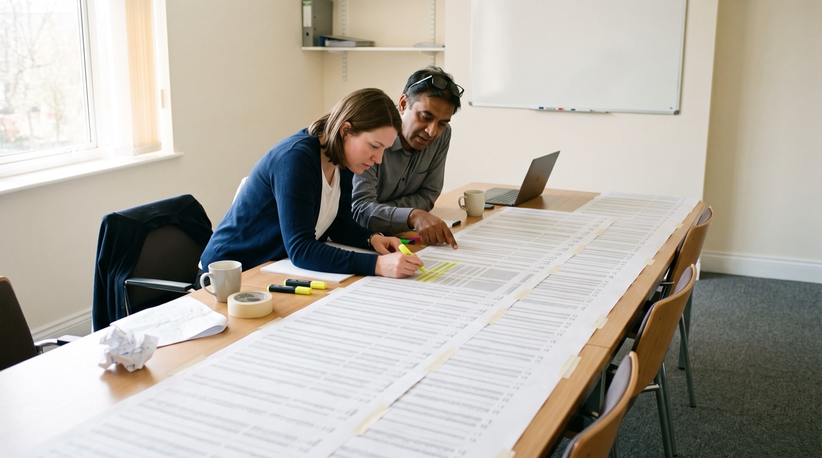 An operations manager points at a half-filled field mapping on a large monitor while a developer beside her listens, with boxes and arrows on the whiteboard behind them.