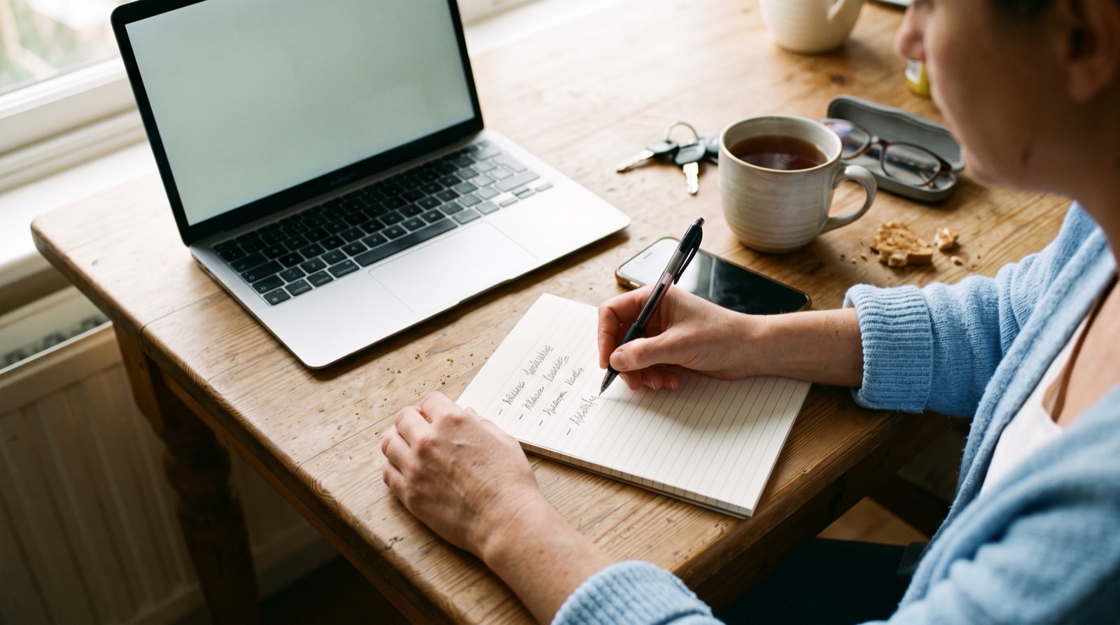 Overhead view of hands writing a short list of four items into a lined notebook on a kitchen table.