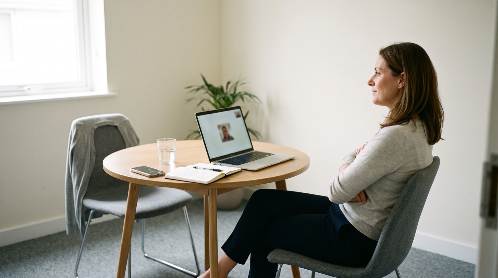 A small-business owner on a video call points at three identical weekly update panels on a tablet, the same item unfinished on every one of them.
