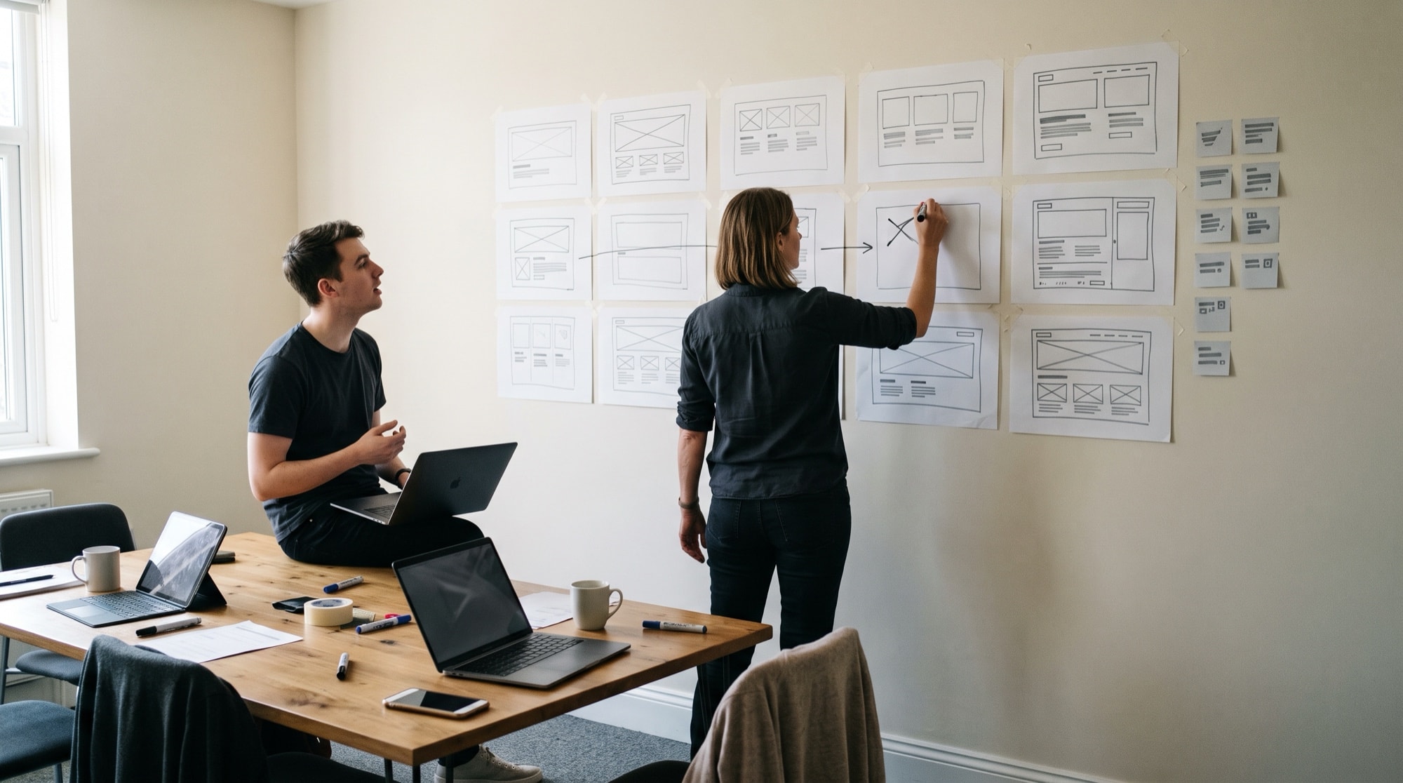 A woman marks a wireframe sheet on a meeting-room wall of taped-up wireframes while a colleague on the table edge listens with a laptop on his knees.