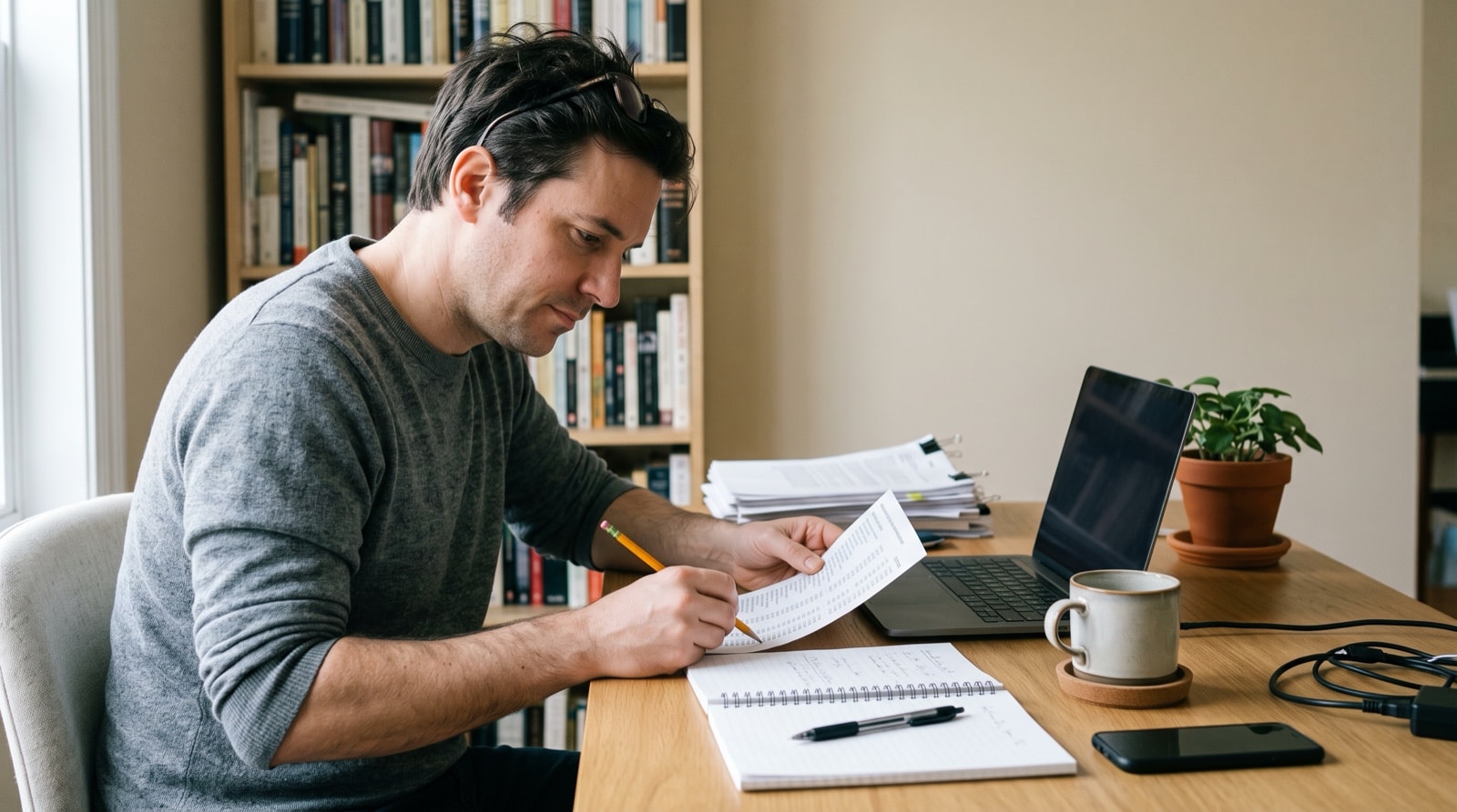 A man at a home desk works down a long printed statement of billed hours with a pencil.