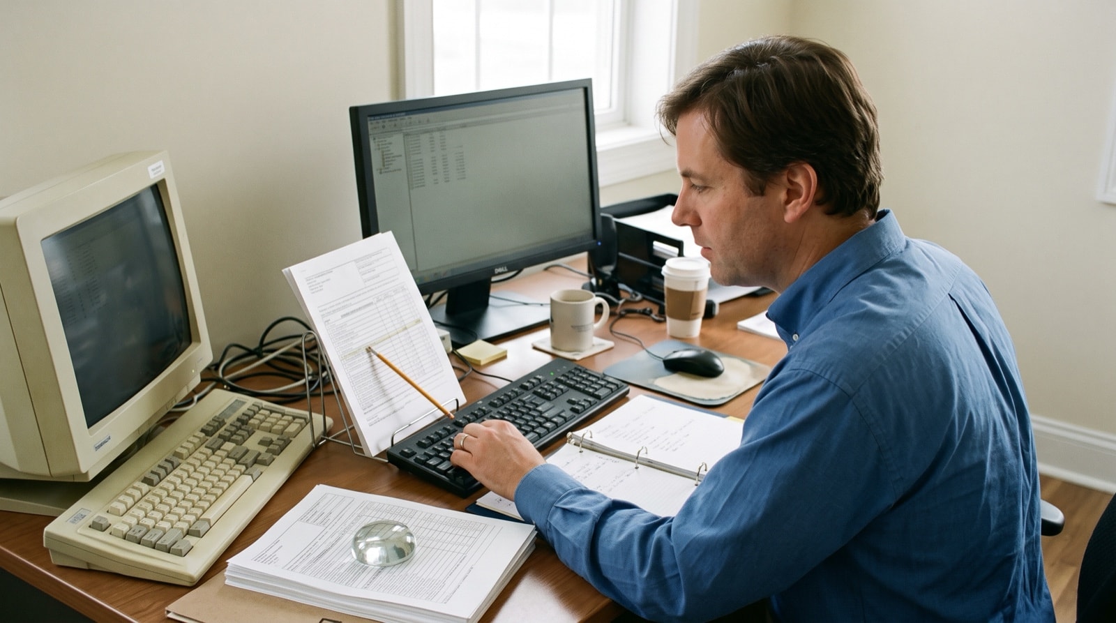 A man re-keys figures from a printed sheet in a copy holder, an older beige terminal beside a newer flat monitor.
