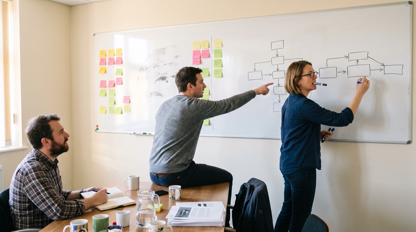 Three colleagues at a whiteboard draw a chain of boxes and arrows surrounded by columns of coloured sticky notes.