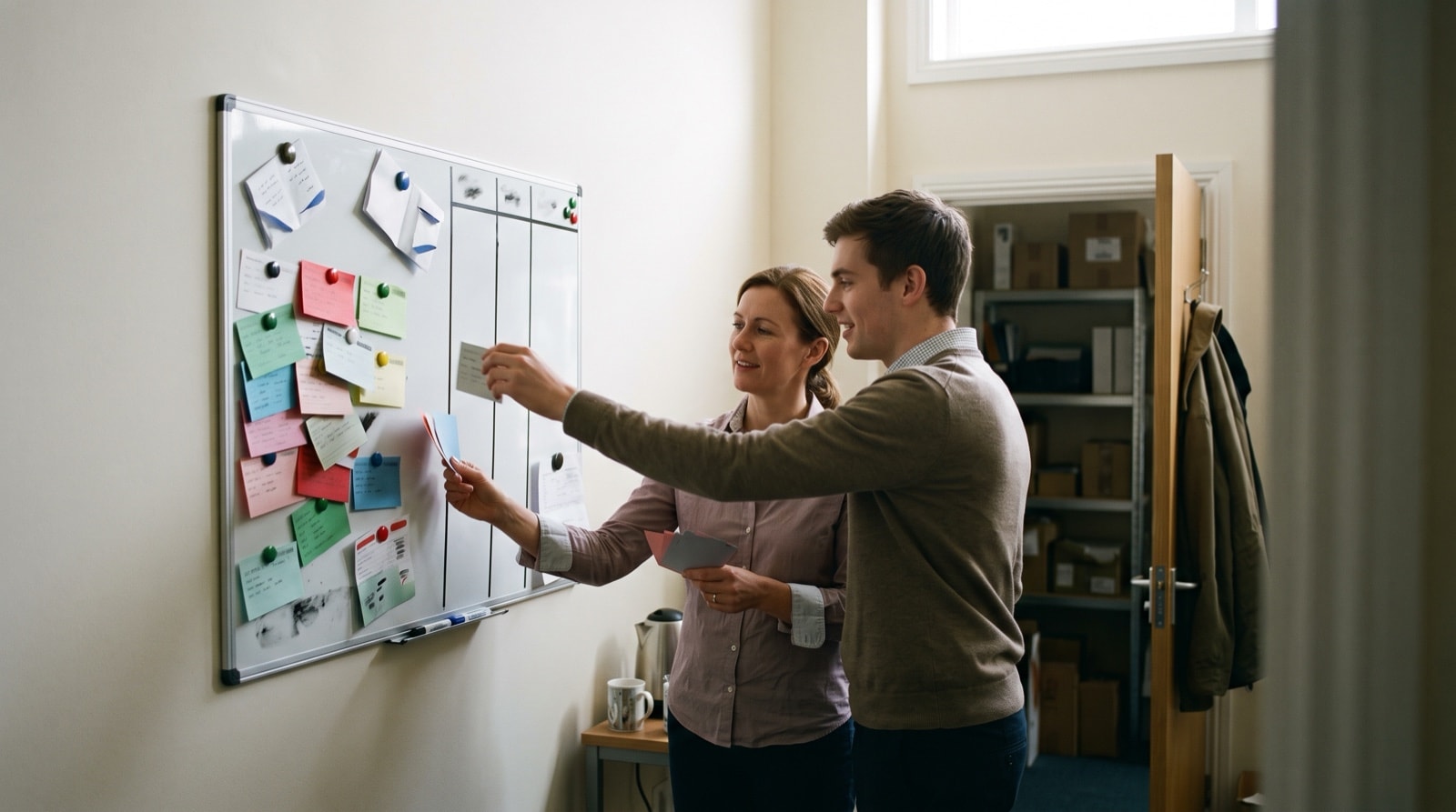 Two colleagues at a wall board in a small business back office, one standing back with a tablet while the other studies a single row of cards mapping one workflow, a working desk and monitor in front of them.