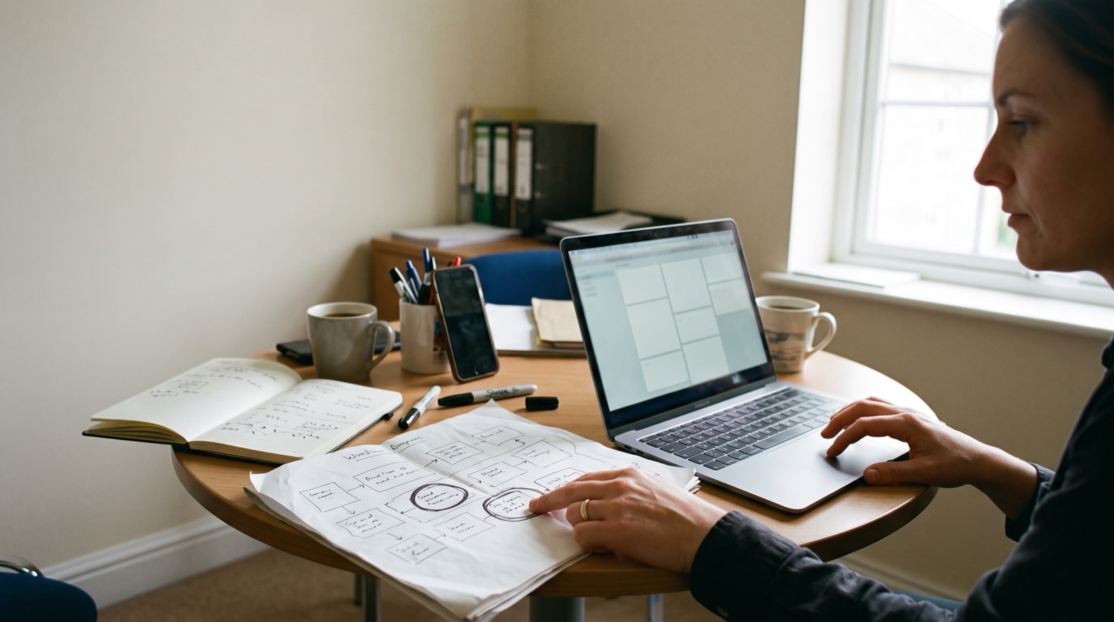 A fingertip rests on a circled box of a creased paper workflow sheet lying open beside a laptop.