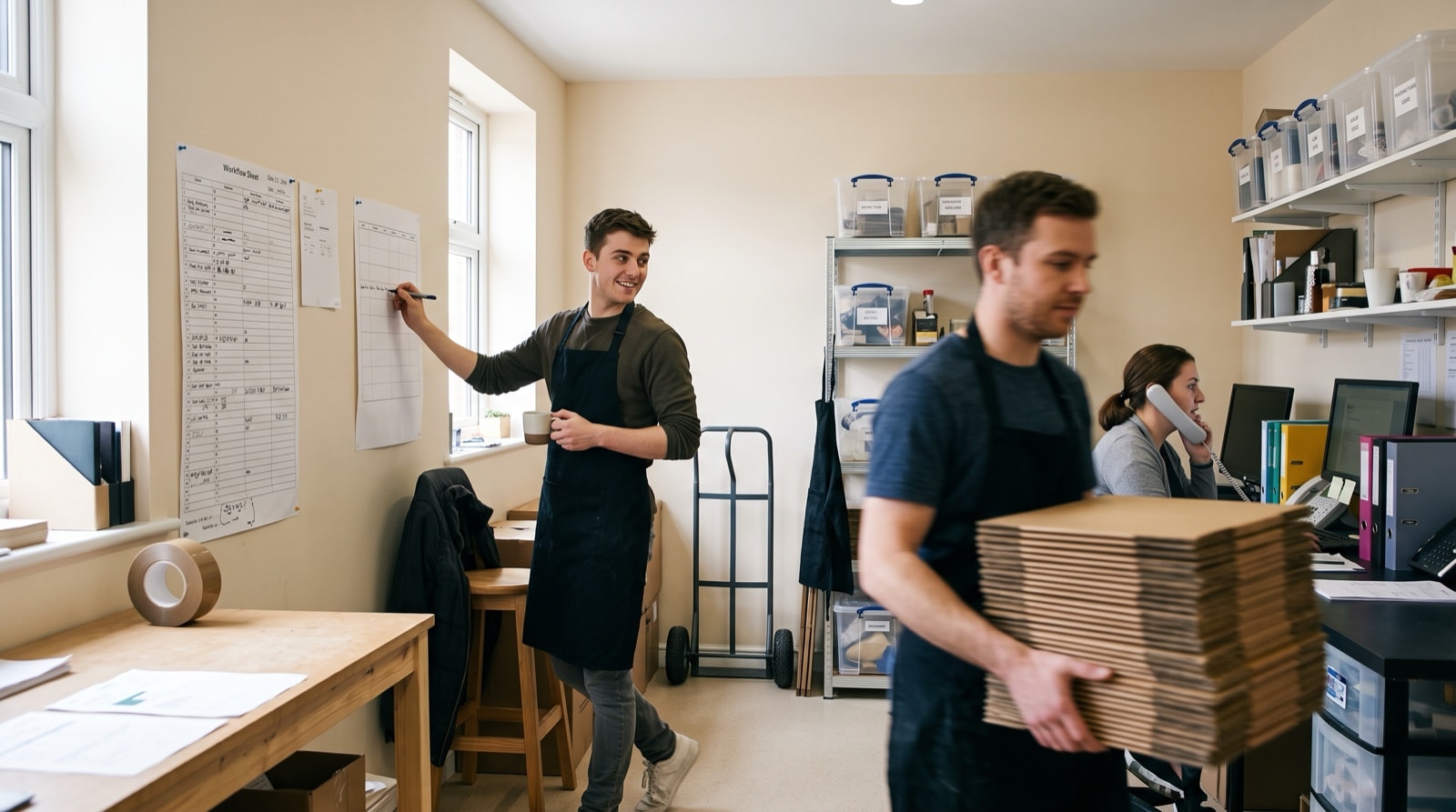 A man in an apron marks a second paper sheet pinned to the wall as colleagues work around him.