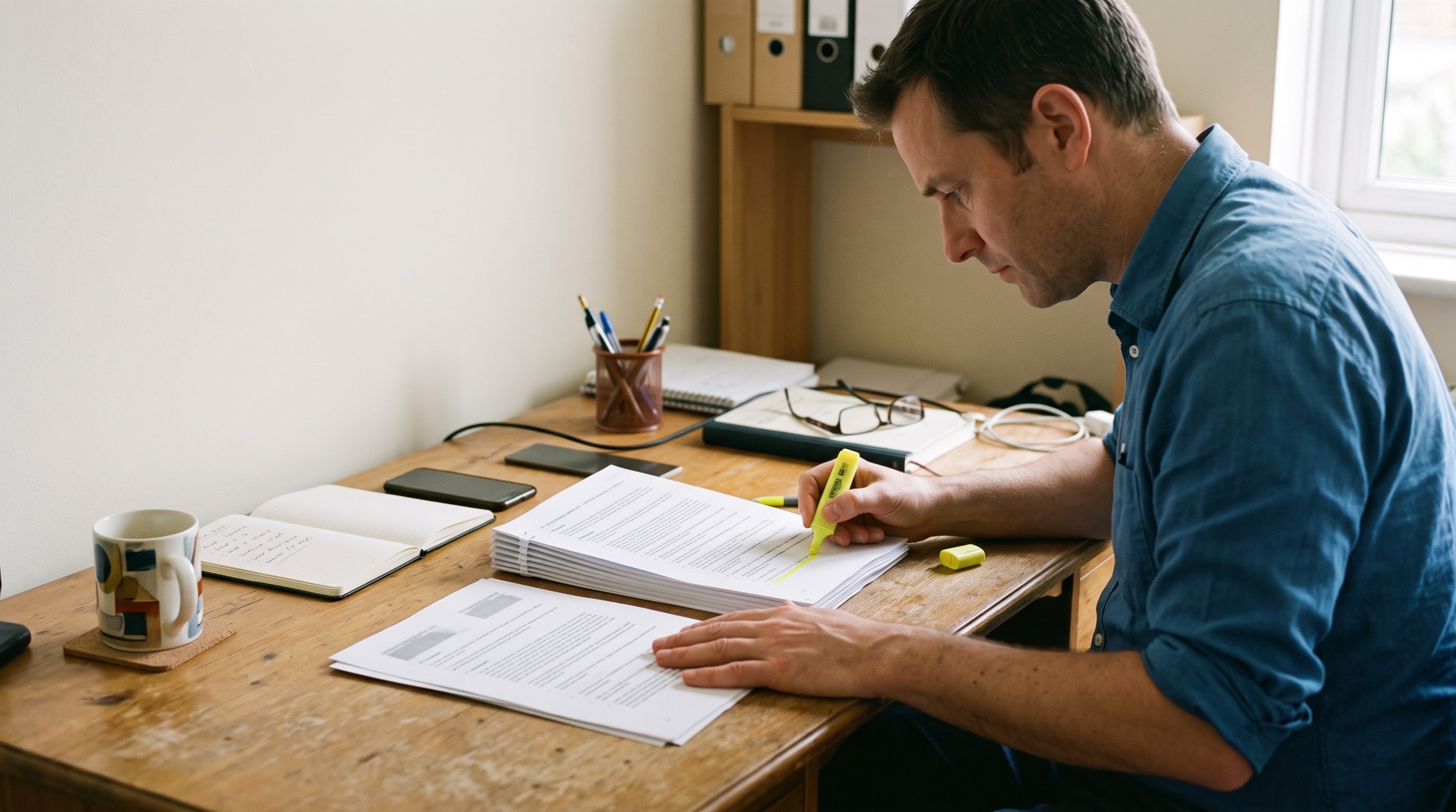 Two colleagues at a back-office desk go through page layouts on a monitor and a content editing panel on a laptop, a site map drawn on the whiteboard behind them.