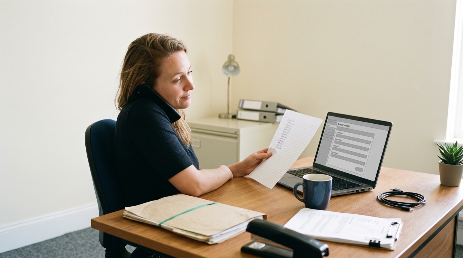 A woman on a support call holds a handwritten list of account names up beside her open laptop.