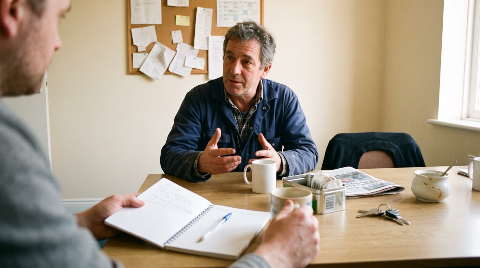 A man in work clothes talks with his hands across a back-room table while a visiting advisor listens and types a running note on a laptop.