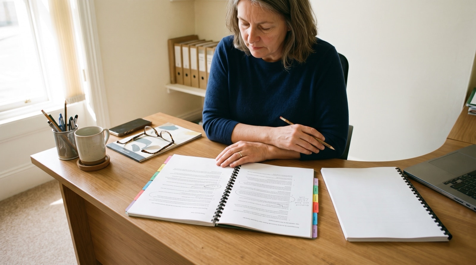A slim comb-bound document lies open flat on a desk, tabbed down its outer edge and annotated in pencil.