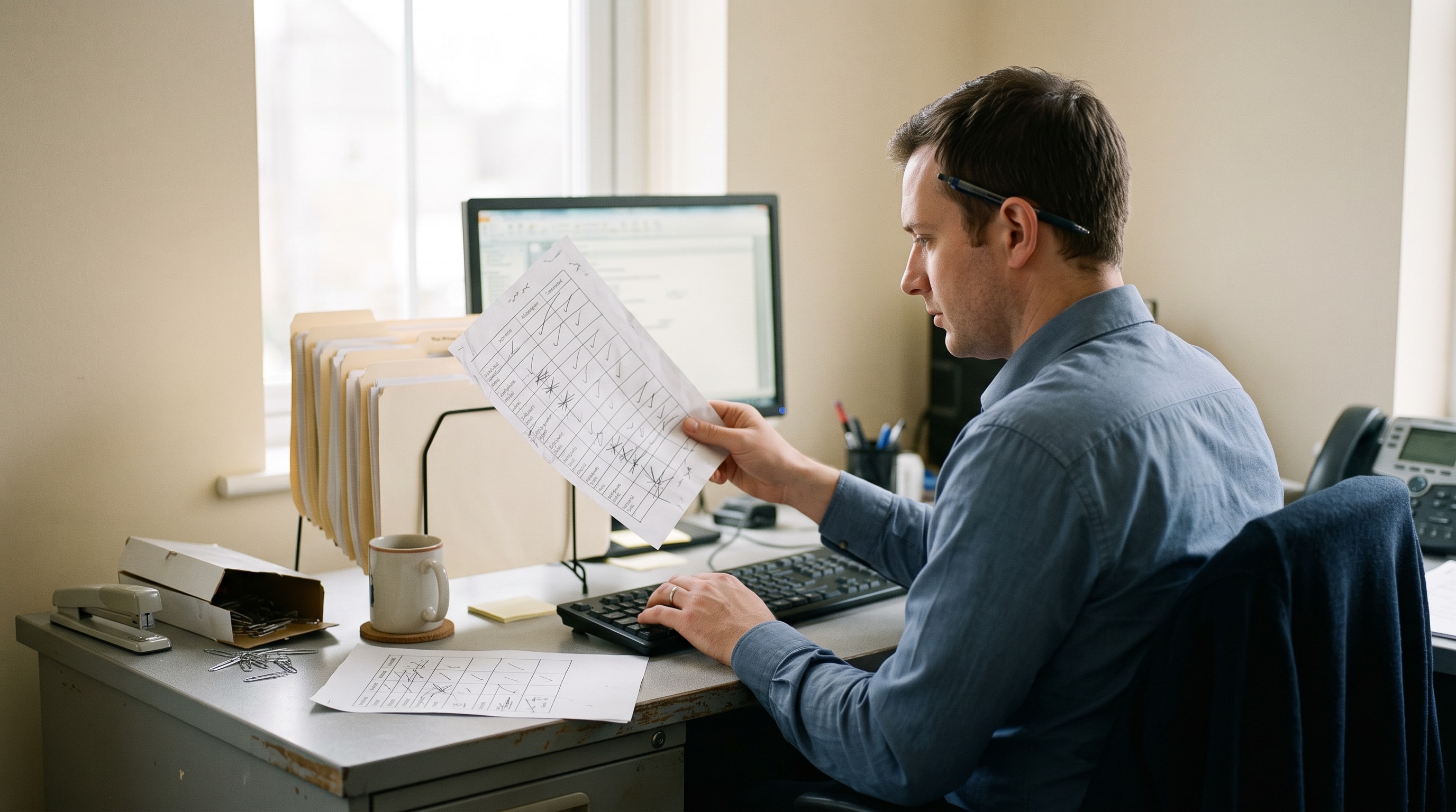 A man reads a creased hand-ruled sheet propped against his folders rather than the monitor beside him.