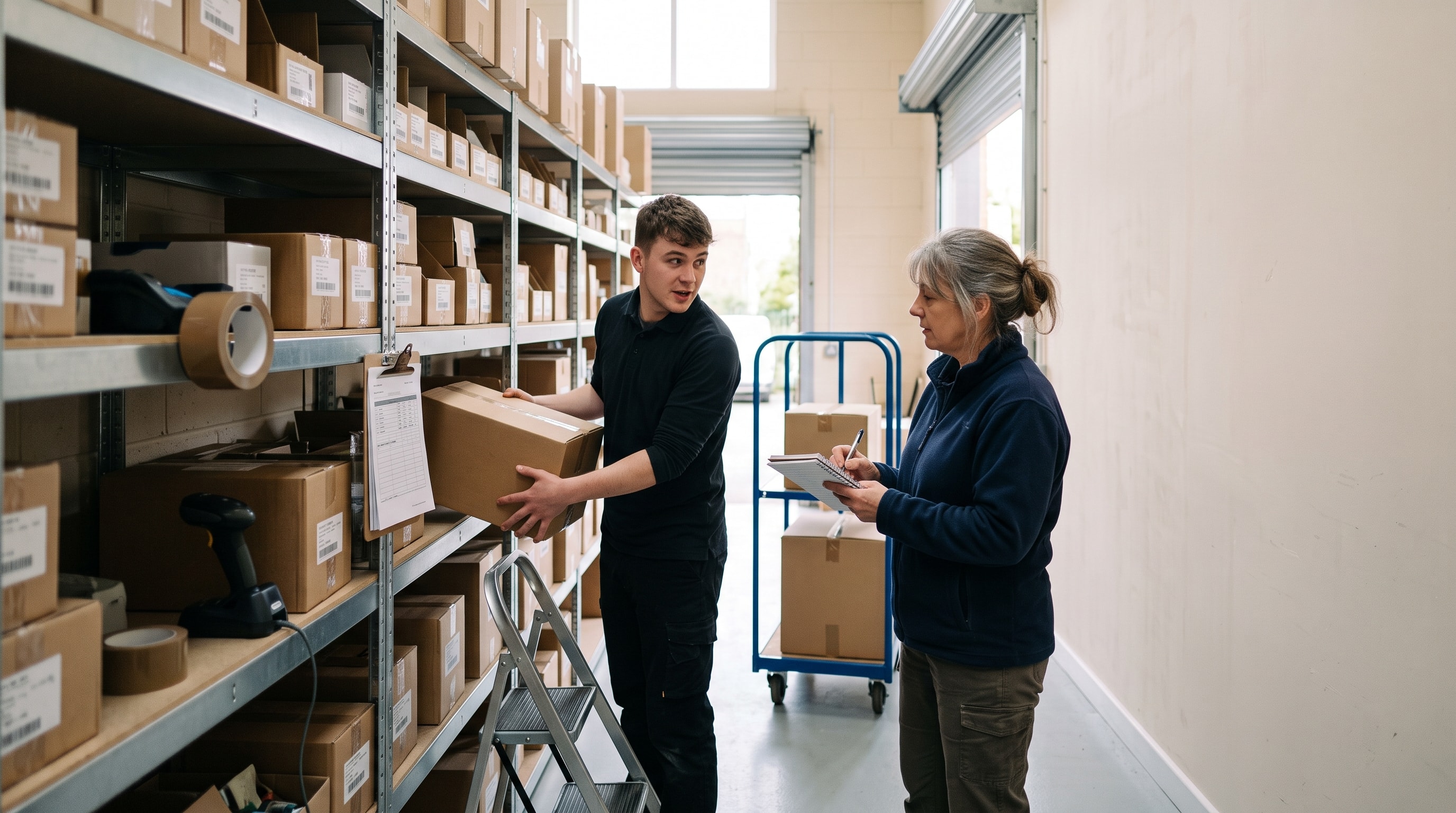 A stockroom assistant scans a carton at a wall-mounted terminal while his manager stands a step behind him writing the step down in a pocket notebook.